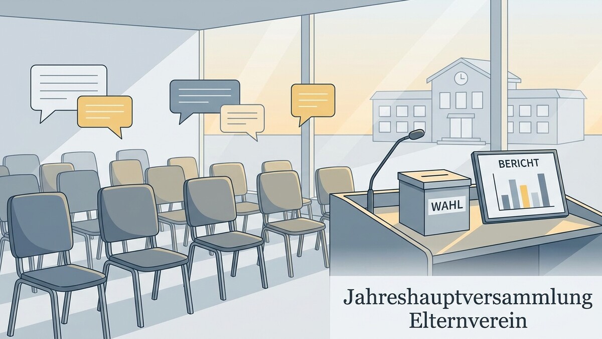 Jahreshauptversammlung Elternverein mit Wahlurne und Berichtstafel im Sitzungssaal