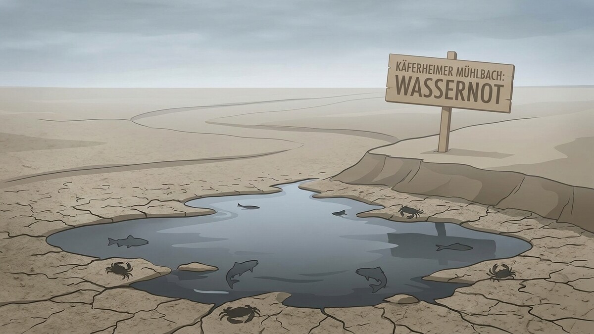 Wassernot Käferheimer Mühlbach: ausgetrocknete Landschaft mit kleiner Wasserfläche, Fische und Krebse