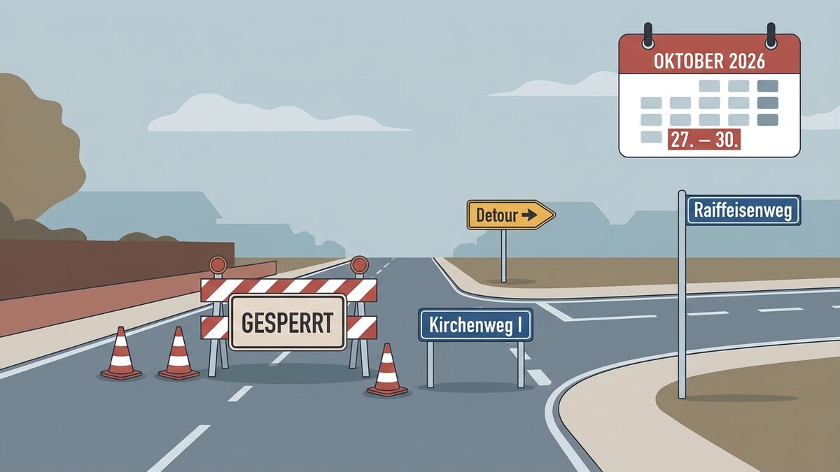 Straßensperre mit Hinweisschildern "Gesperrt" und "Detour", Kalender zeigt Oktober 2026