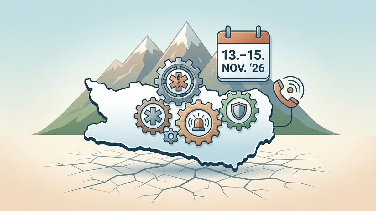 Katastrophenschutz-Symbole auf Bergkulisse mit Kalender und Telefonhörer
