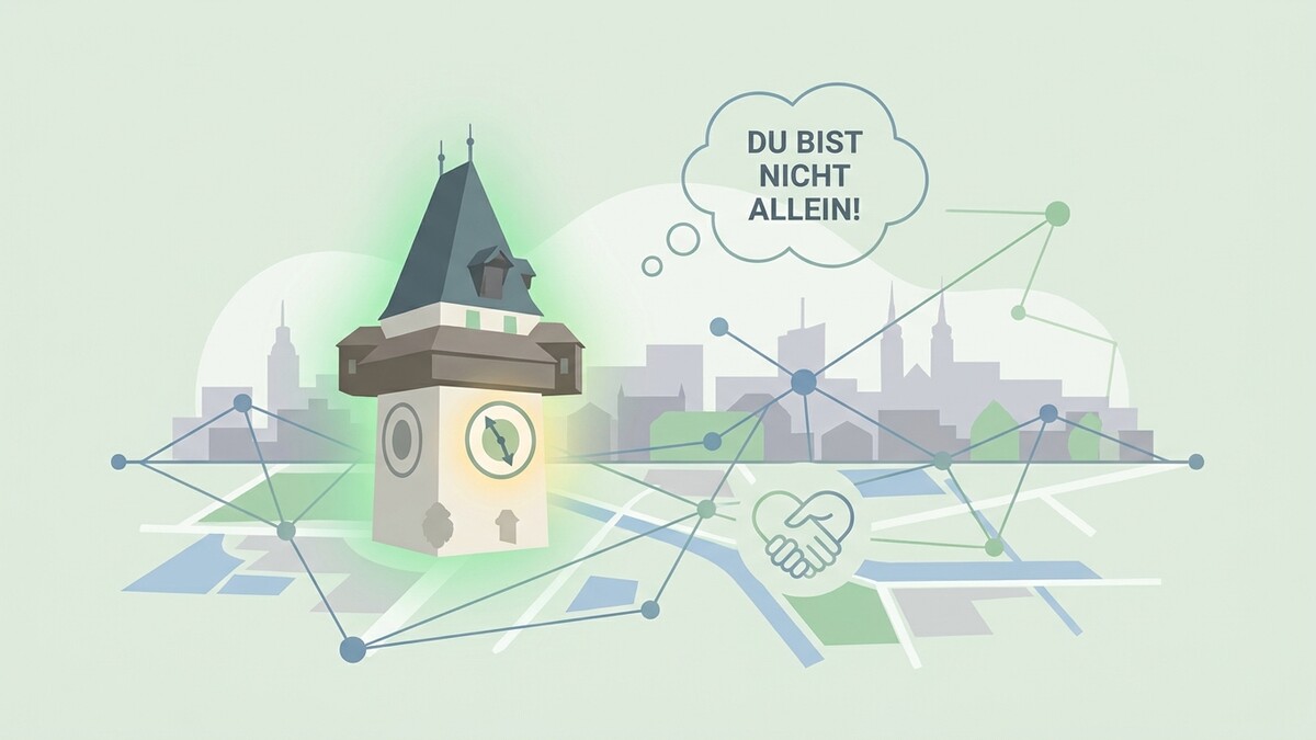 Grazer Uhrturm mit Sprechblase „DU BIST NICHT ALLEIN!“ und Händeschütteln-Symbol