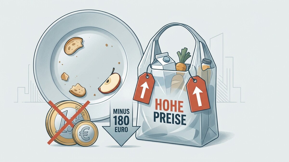 Hohe Preise: Einkaufstasche mit Lebensmitteln und Preisschildern neben leerem Teller mit Krümeln und Münzen.