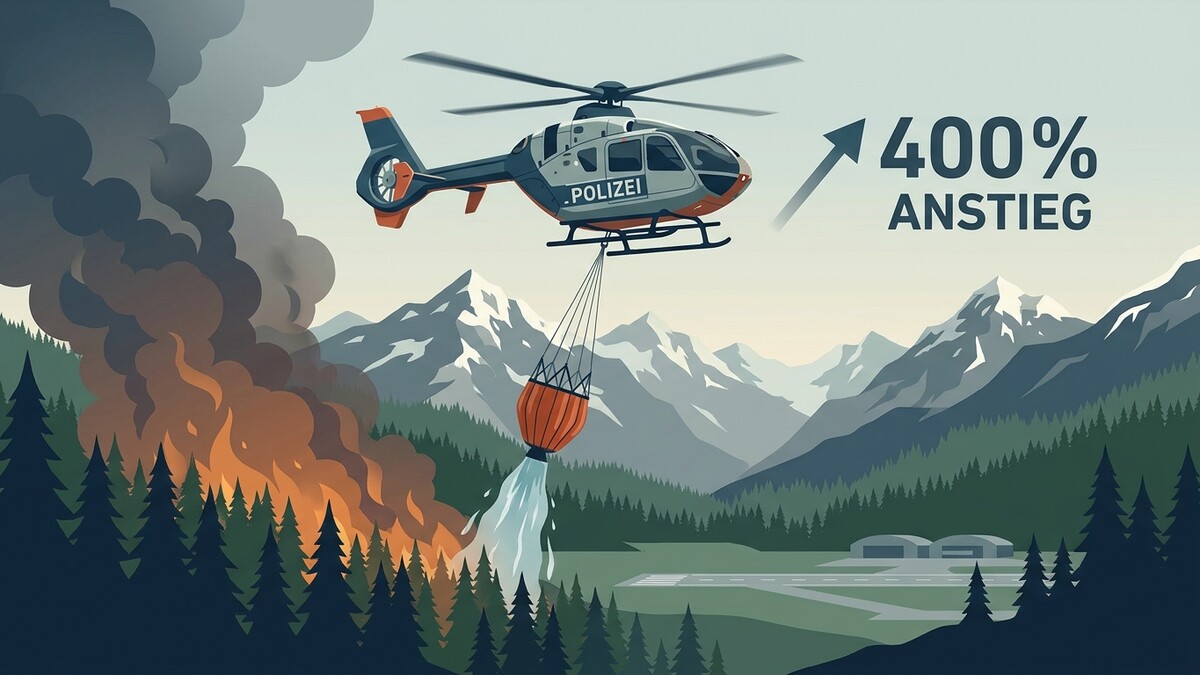 Polizei-Helikopter löscht Waldbrand mit Wasserbehälter im Gebirge, 400% Anstieg.