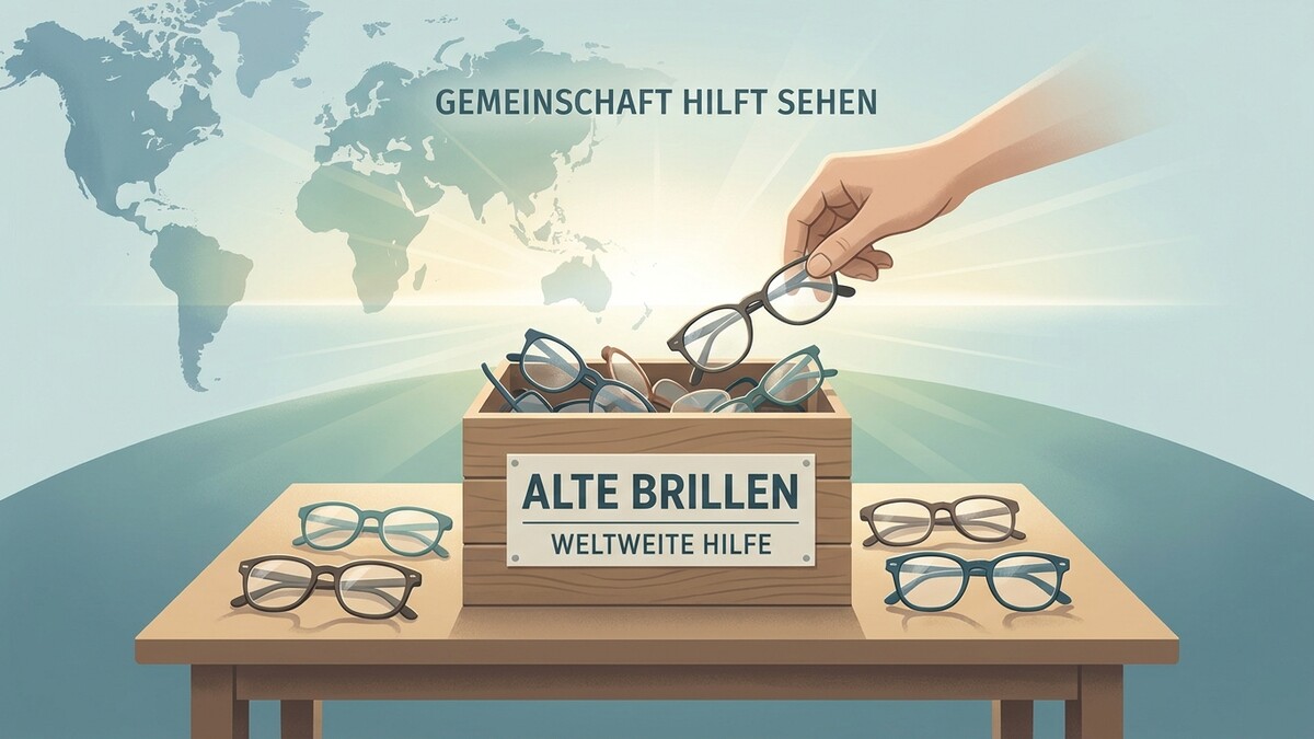 Alte Brillen weltweit: Hand legt Brille in Sammelbox, Weltkarte im Hintergrund