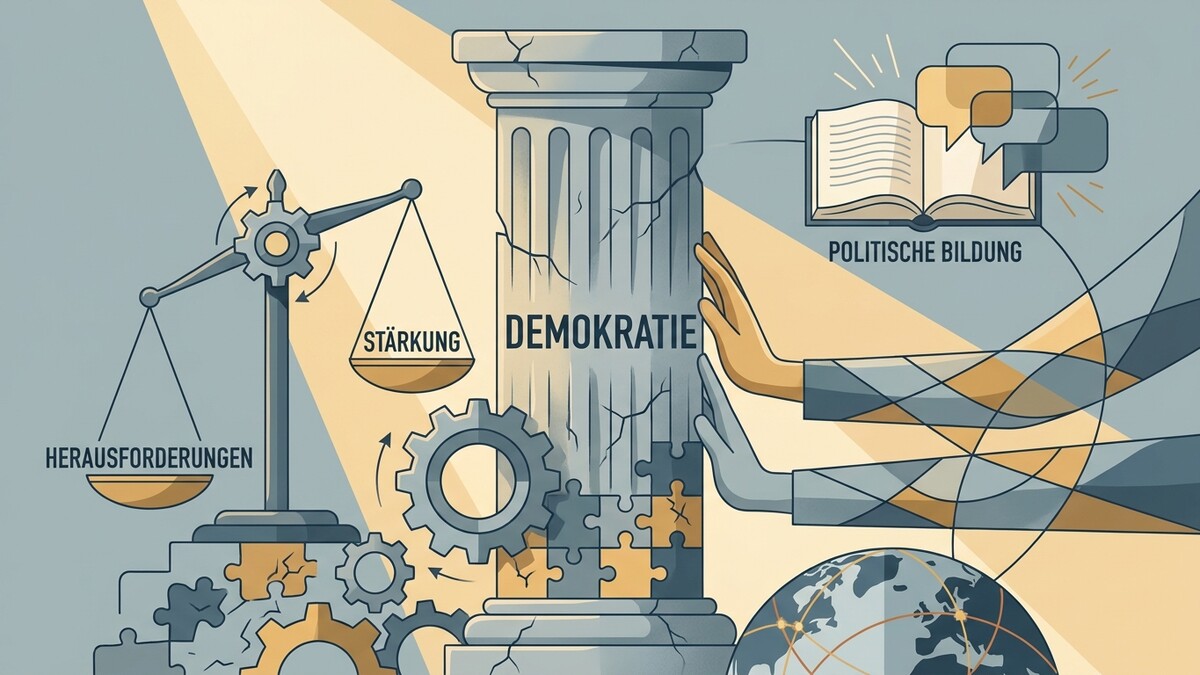 Demokratie: Waage mit Herausforderungen und Stärkung, Säule, Buch und Weltkugel