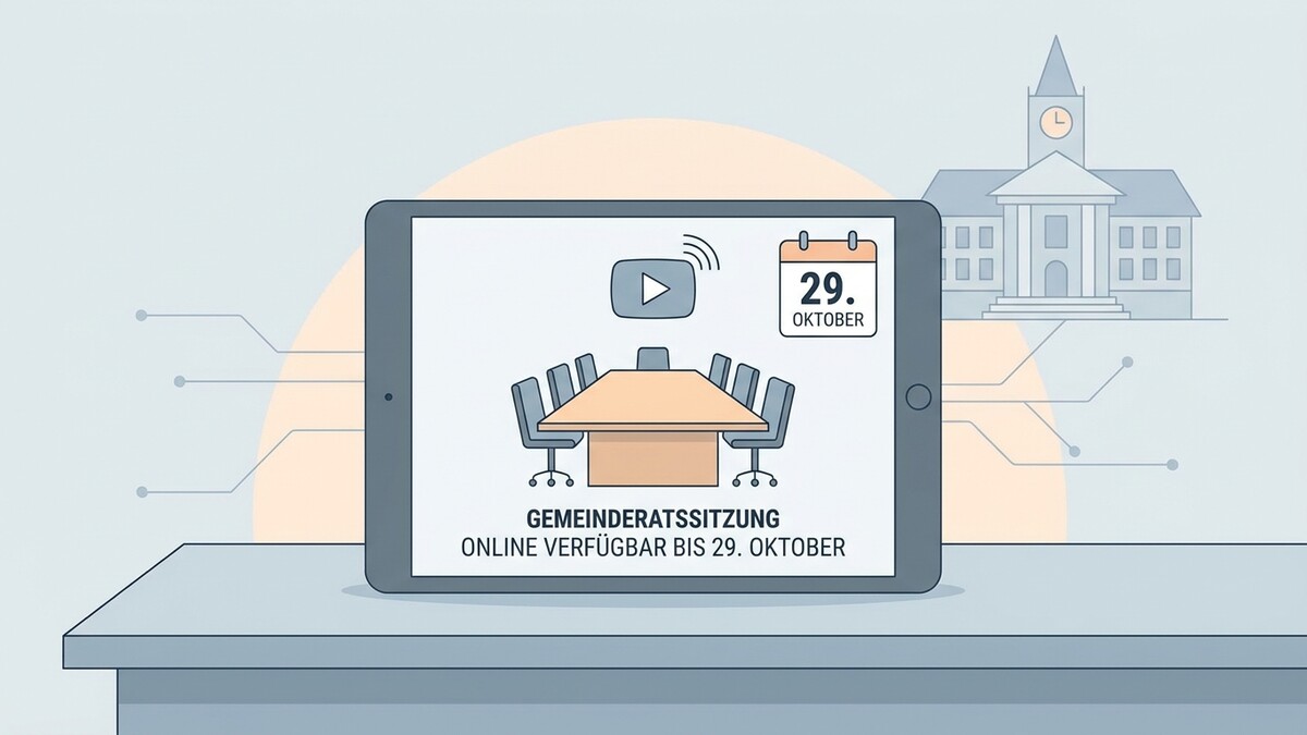 Gemeinderatssitzung online verfügbar bis 29. Oktober auf Tablet vor Rathaus
