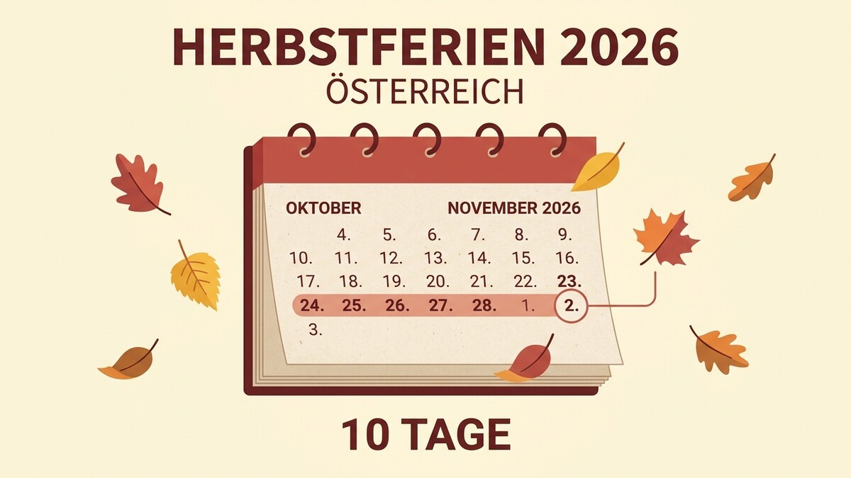 Herbstferien 2026 Österreich Kalenderblatt mit Tagen im Oktober und November