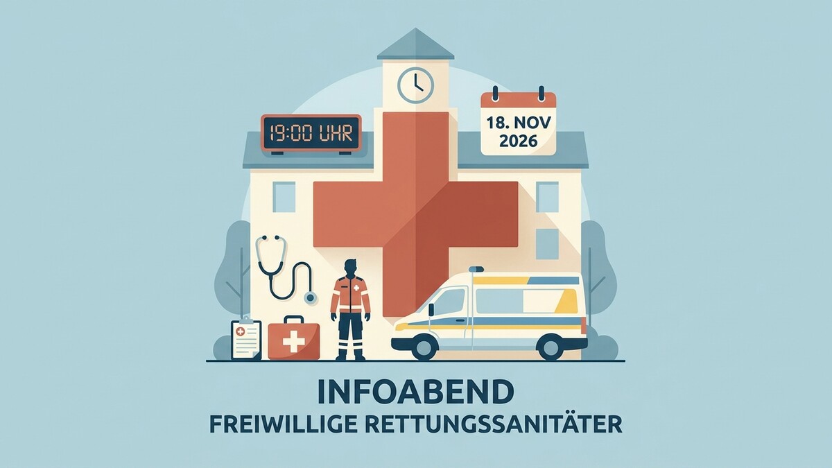 Infoabend freiwillige Rettungssanitäter am 18. Nov 2026, 19 Uhr, vor einem Gebäude mit rotem Kreuz, Notarzt und Rettungswagen.