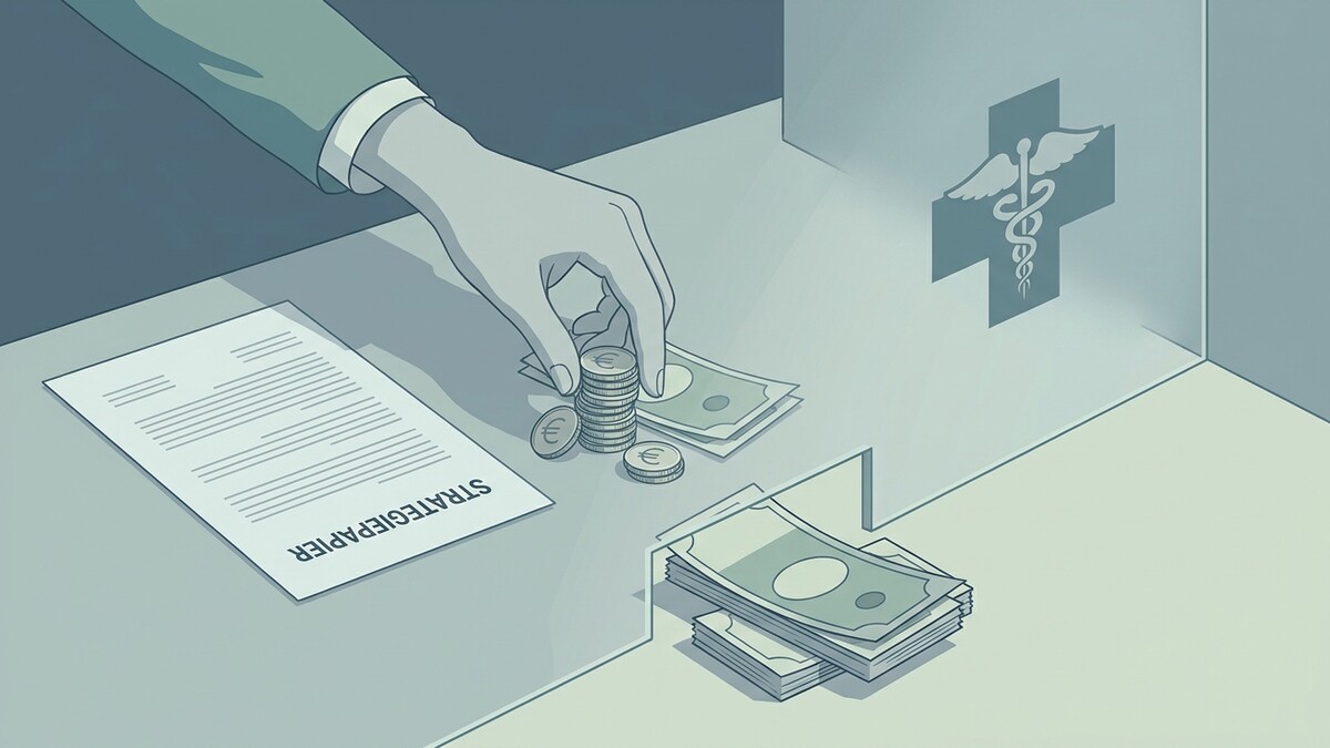 Strategiepapier und Geld liegen auf einem Tisch, daneben ein Caduceus-Symbol.