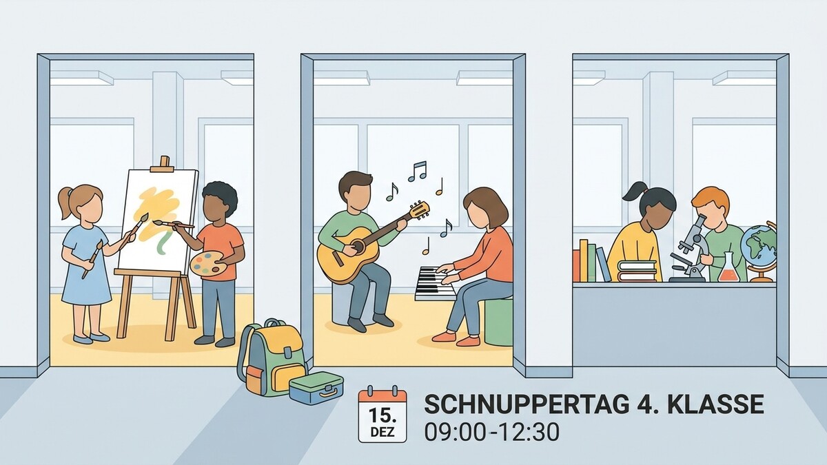 Schnuppertag 4. Klasse: Kinder malen, musizieren und experimentieren in Klassenräumen.