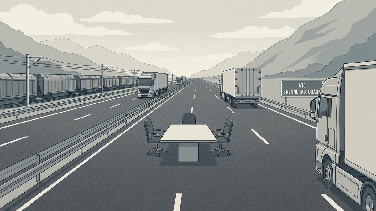 Brennerautobahn A13 mit LKW, Zug und Schreibtisch mit Stühlen auf der Fahrbahn