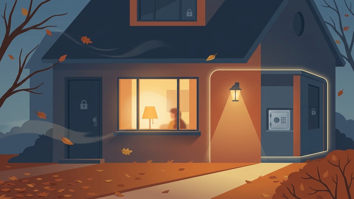 Haus mit Safe im Eingangsbereich, beleuchtet von Außenlampe