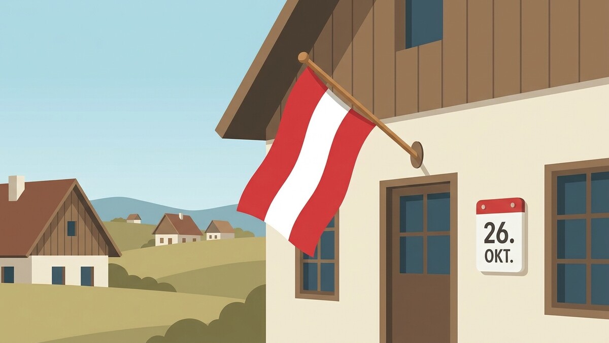 Österreichische Fahne weht vor Haus mit Kalenderblatt 26. Okt. in ländlicher Umgebung