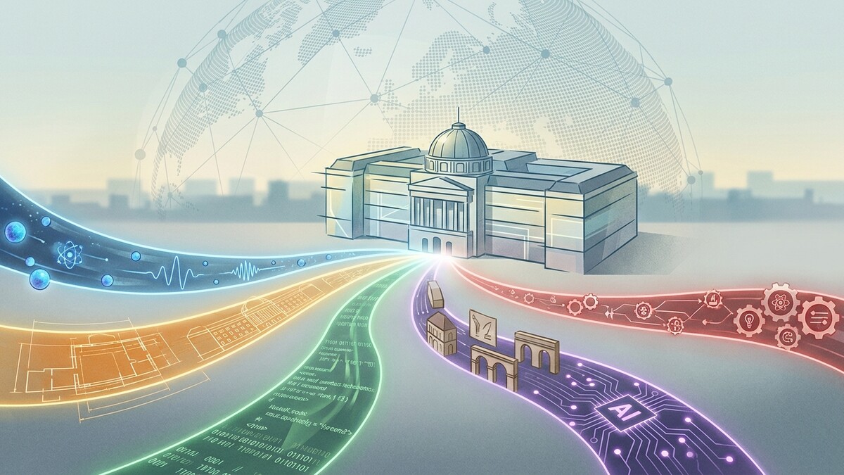 KI-Gebäude mit Datenströmen aus Wissenschaft, Technik und Architektur vor Erdkugel
