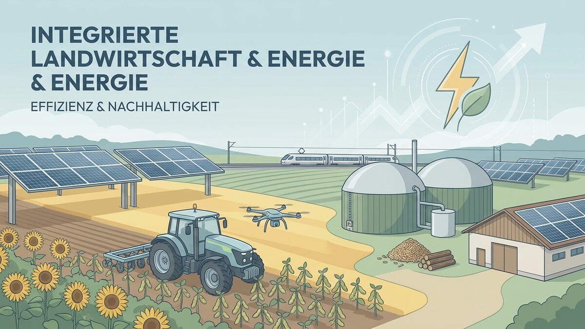Integrierte Landwirtschaft & Energie: Traktor, Drohne, Biogasanlage, Solarpanels und Zug