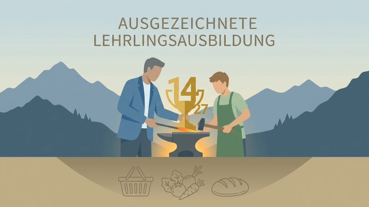 Lehrlingsausbildung: Mann mit Werkzeug und Lehrling am Amboss vor Bergkulisse
