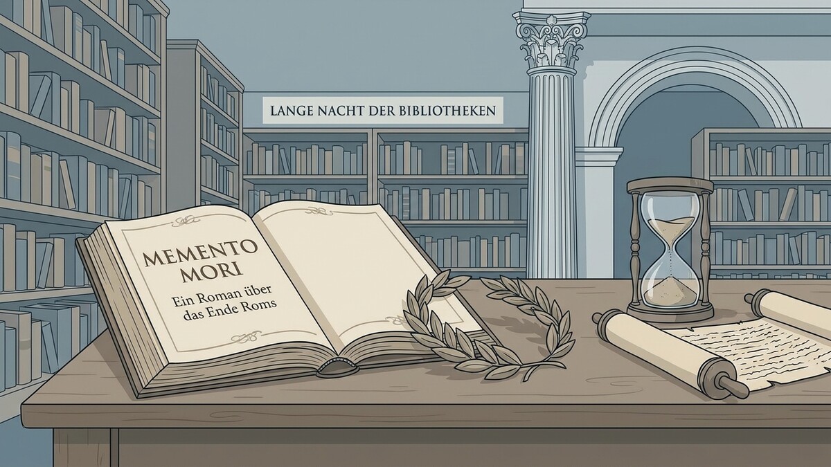 Memento Mori Buch und Sanduhr in Bibliothek, "Lange Nacht der Bibliotheken"