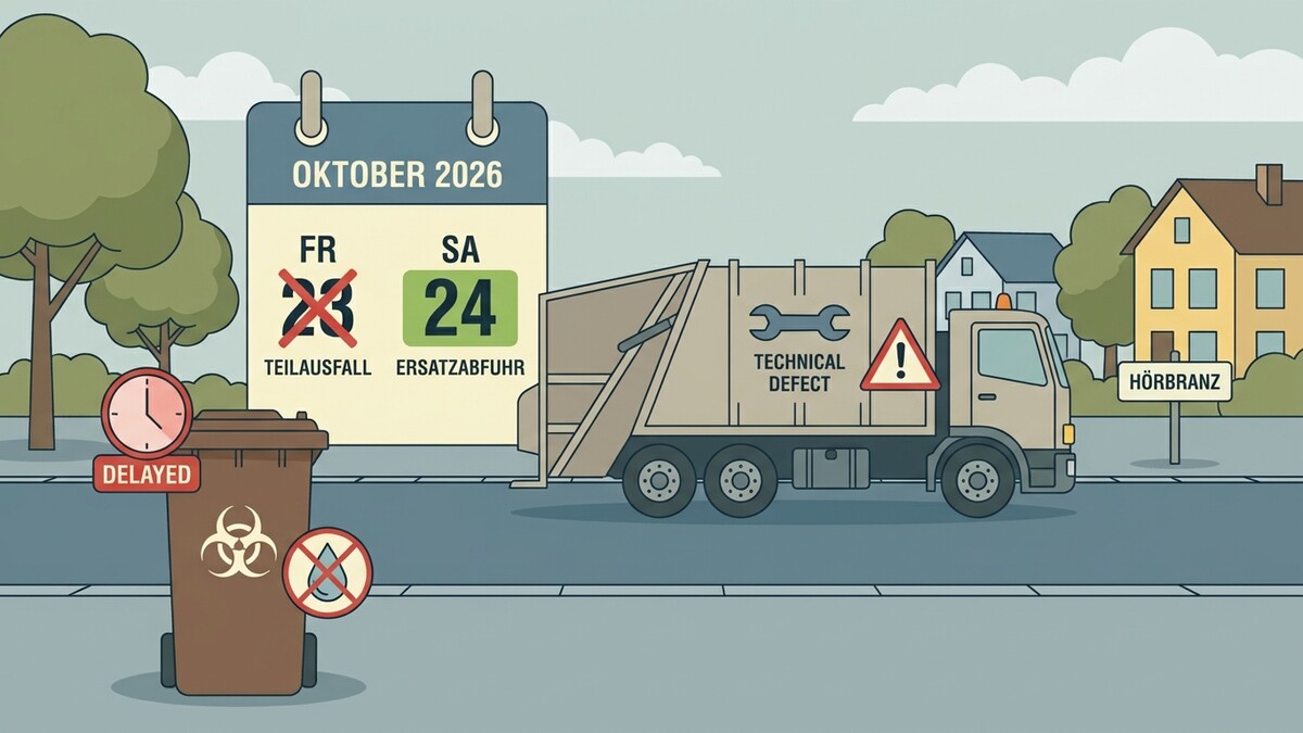Müllabfuhr Hörbranz: Ersatzabfuhr am 24. Oktober 2026 wegen technischem Defekt, Mülltonne mit Warnsymbolen