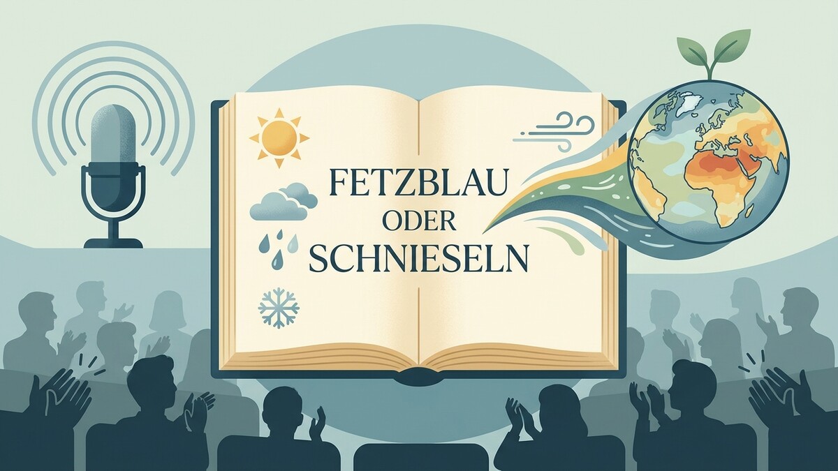 "Fetzblau oder Schnieseln" auf einem Buch mit Wetter-Symbolen und der Erde