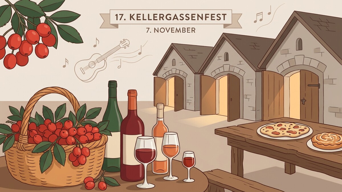 Kellergassenfest mit Wein, Kirschen, Pizza und Musik vor alten Kellern