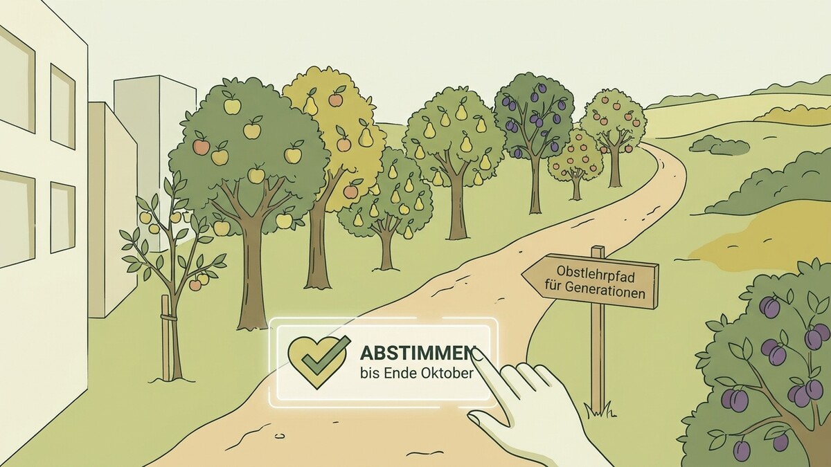 Abstimmungs-Button mit Herz und Haken, Obstlehrpfad für Generationen Schild, Apfel- und Birnbäume