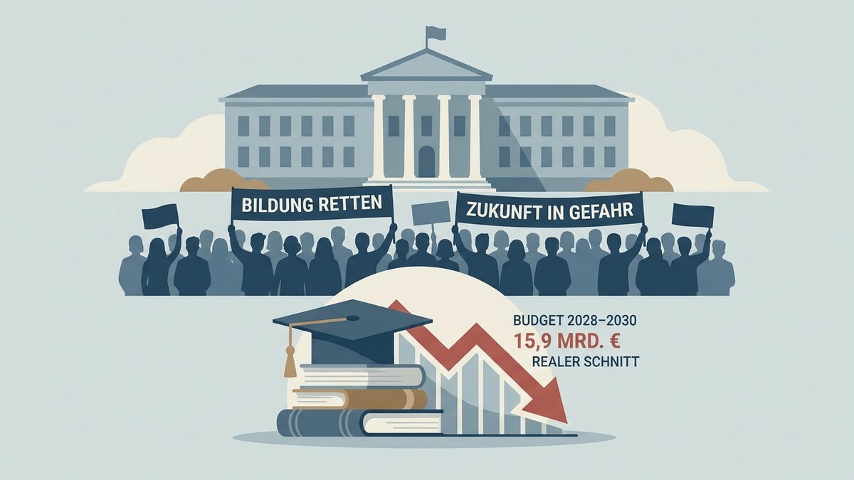 Bildung: Protest vor Gebäude mit Schildern „Bildung retten“ und „Zukunft in Gefahr“.