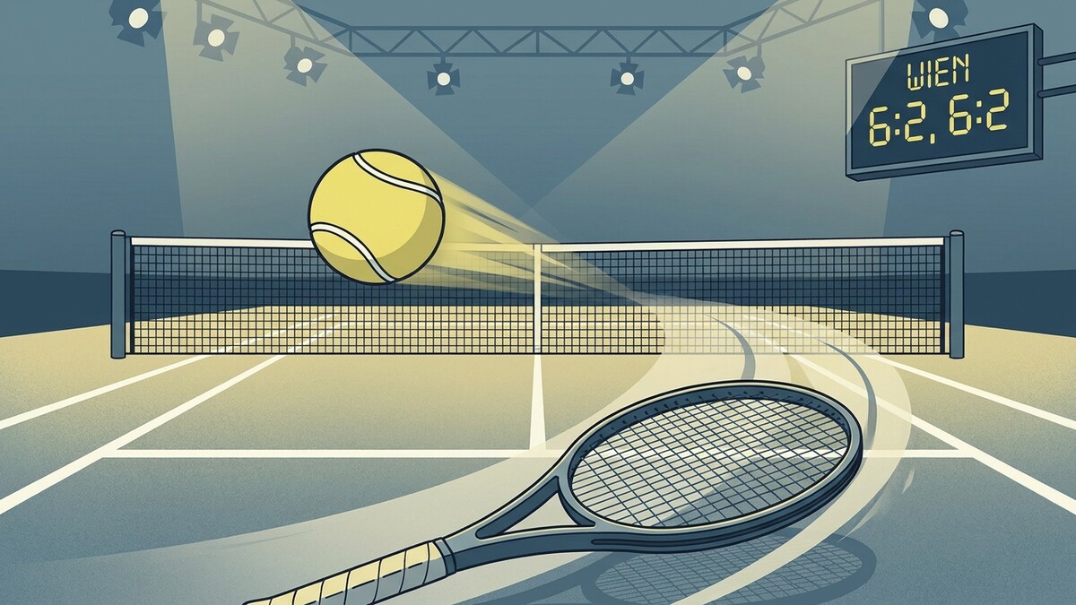 Tennisball fliegt über das Netz auf einem beleuchteten Platz mit Anzeigetafel Wien 6:2, 6:2.