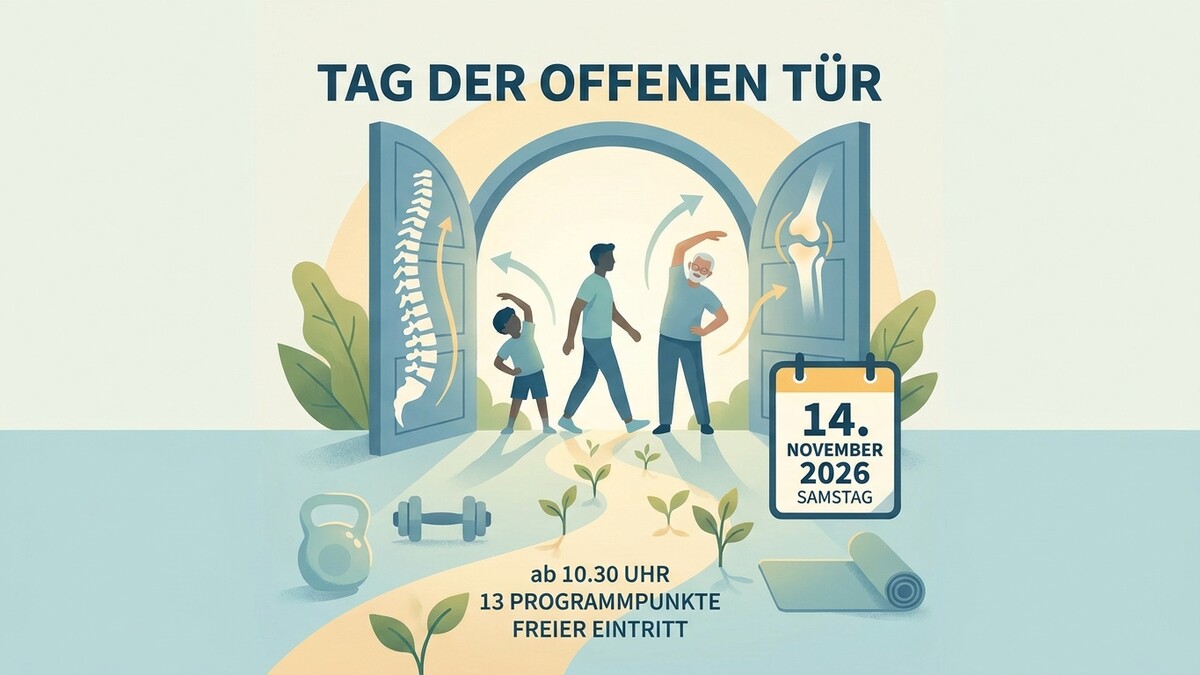 Tag der offenen Tür mit drei Personen, Wirbelsäule und Knie.