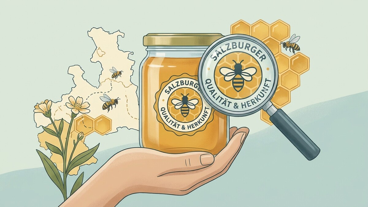 Salzburger Honig mit Lupe und Bienen vor Karte von Salzburg