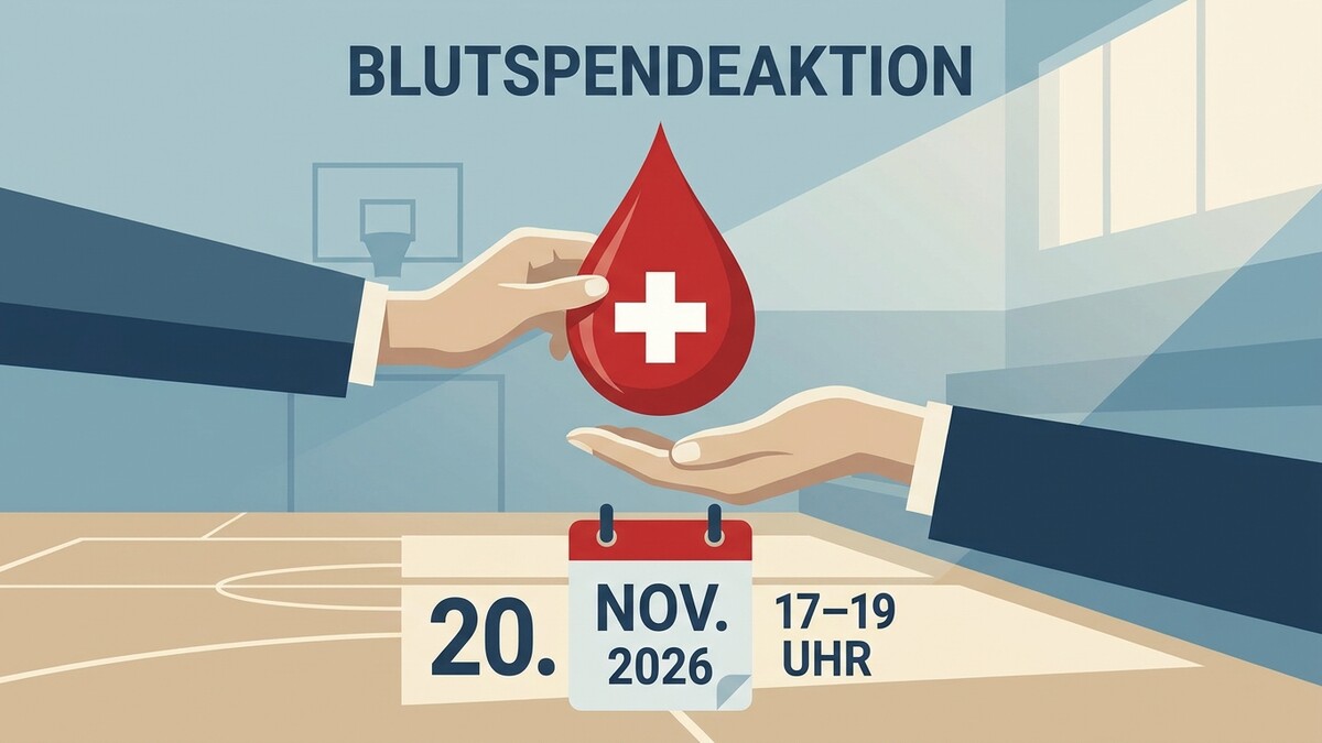 Blutspendeaktion am 20. Nov. 2026 von 17–19 Uhr in einer Sporthalle.