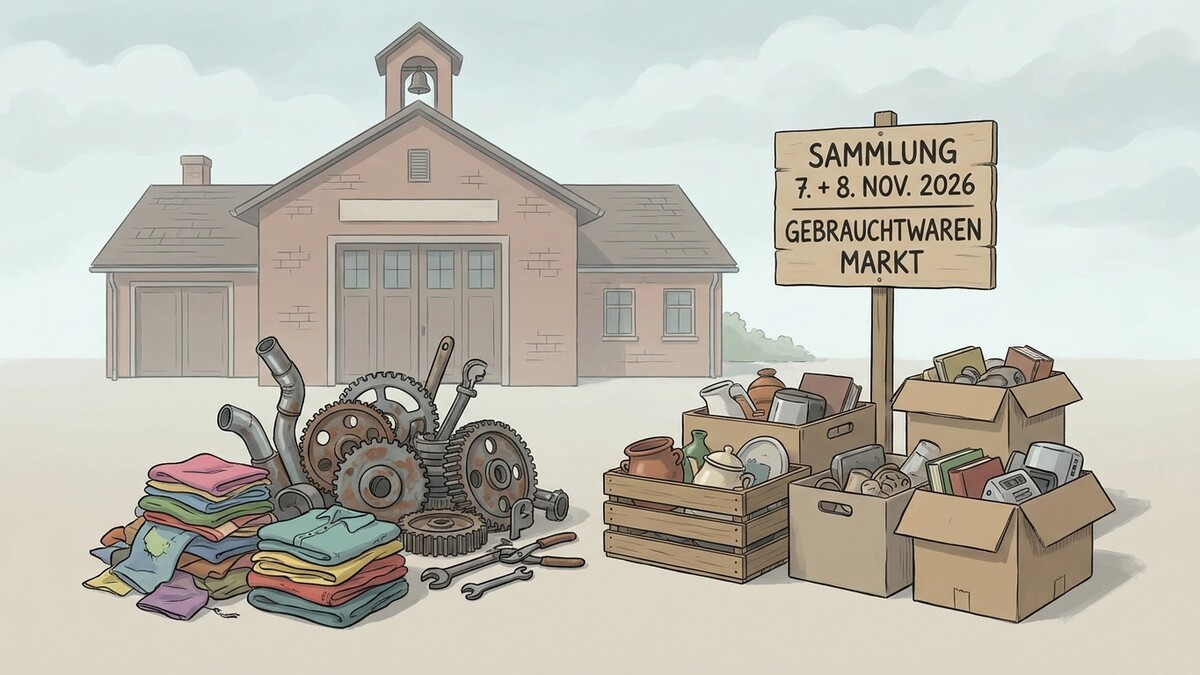 Gebrauchtwarenmarkt-Sammlung vor Feuerwehrhaus mit Kleidung, Werkzeug und Kisten.