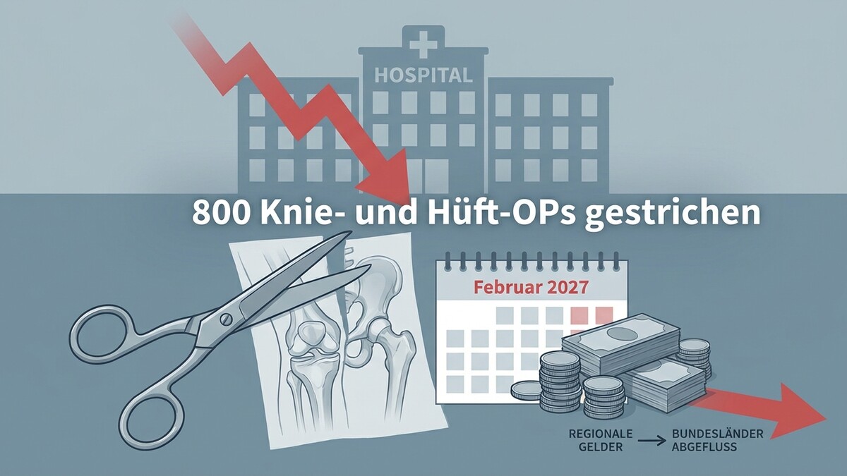 800 Knie- und Hüft-OPs gestrichen: Schere zerschneidet Röntgenbild von Gelenken vor Krankenhaus
