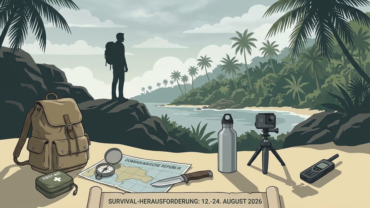Survival-Herausforderung Dominikanische Republik: Rucksack, Karte, Kompass, Messer, Wasserflasche, Kamera.