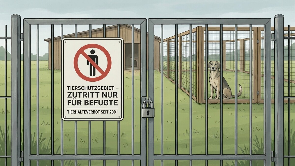 Tiroler Hund im Gehege hinter Zaun mit Verbotsschild und Schloss