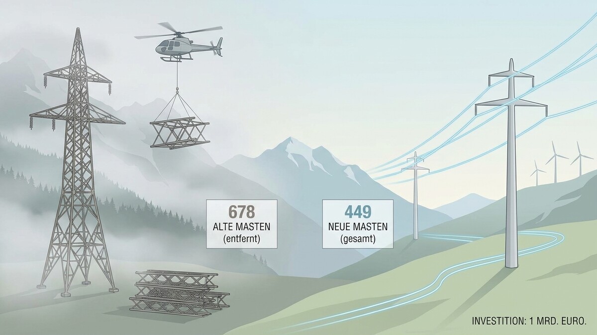Strommasten: Helikopter transportiert neue Masten, alte Masten gestapelt, Investition 1 Mrd. Euro