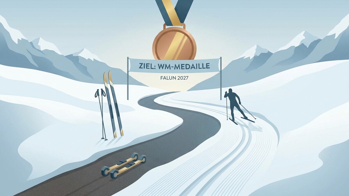 Langlauf-WM Falun 2027: Skifahrer auf Loipe unter Bergpanorama, Zielbanner mit Medaille