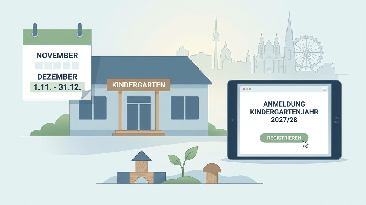 Kindergartenanmeldung 2027/28 mit Kalender und Tablet vor Wiener Stadtsilhouette