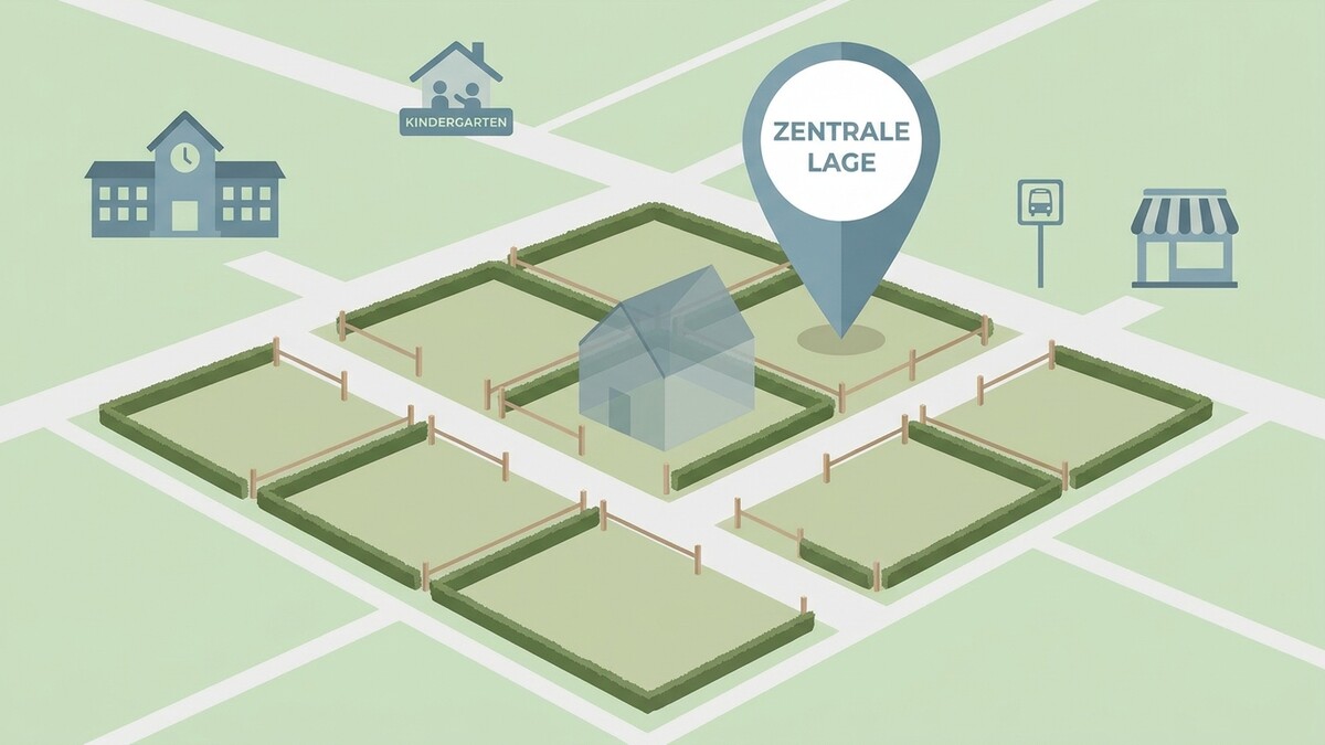 Zentrale Lage: Haus, Kindergarten, Schule, Bushaltestelle und Geschäft in einer Siedlung