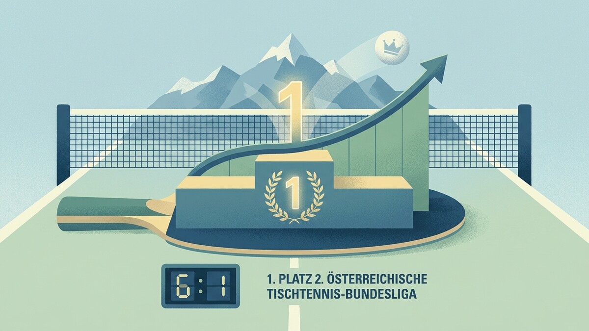Tischtennis-Bundesliga: 1. Platz, Siegerpodest mit Lorbeerkranz, Tischtennisschläger und Bergpanorama