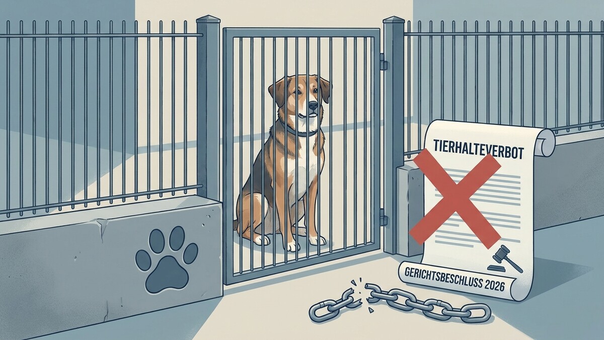 Hund im Zwinger hinter Gittern, daneben Urteil mit Tierhalteverbot und zerbrochener Kette.