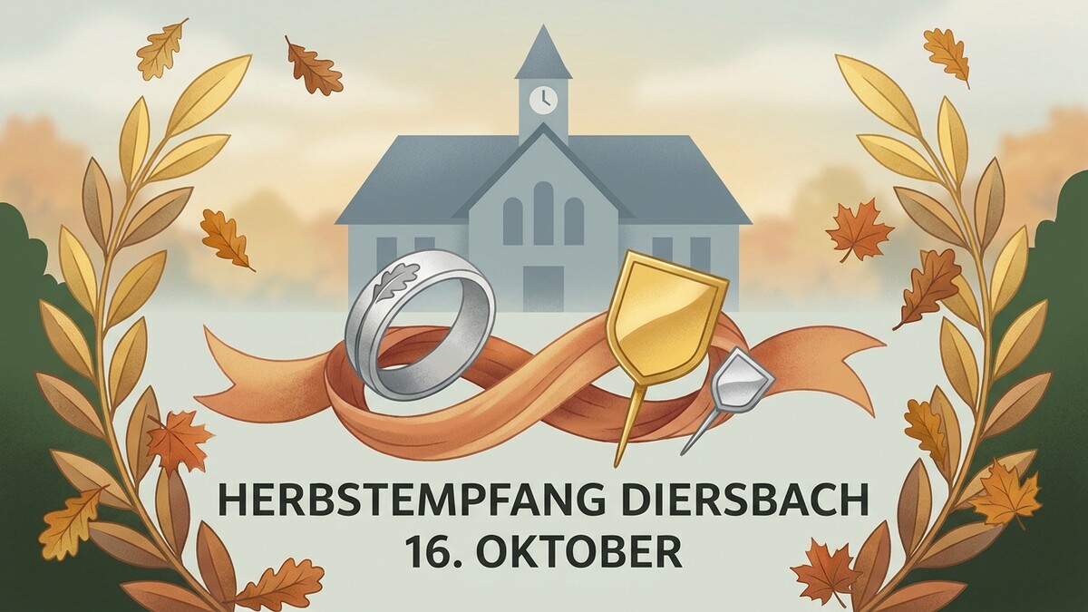 Herbstempfang Diersbach: Ring, Schild und Spaten vor Gebäude