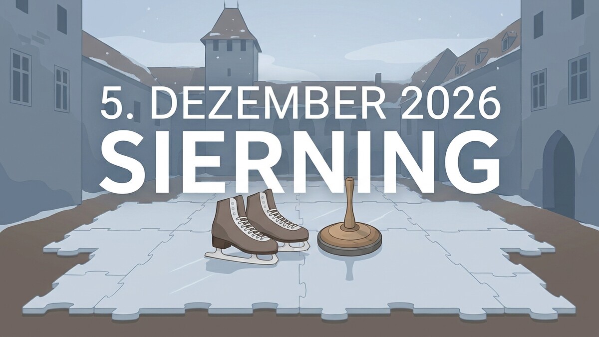Eislaufschuhe und Eisstock auf Eisfläche vor Burg in Sierning am 5. Dezember 2026