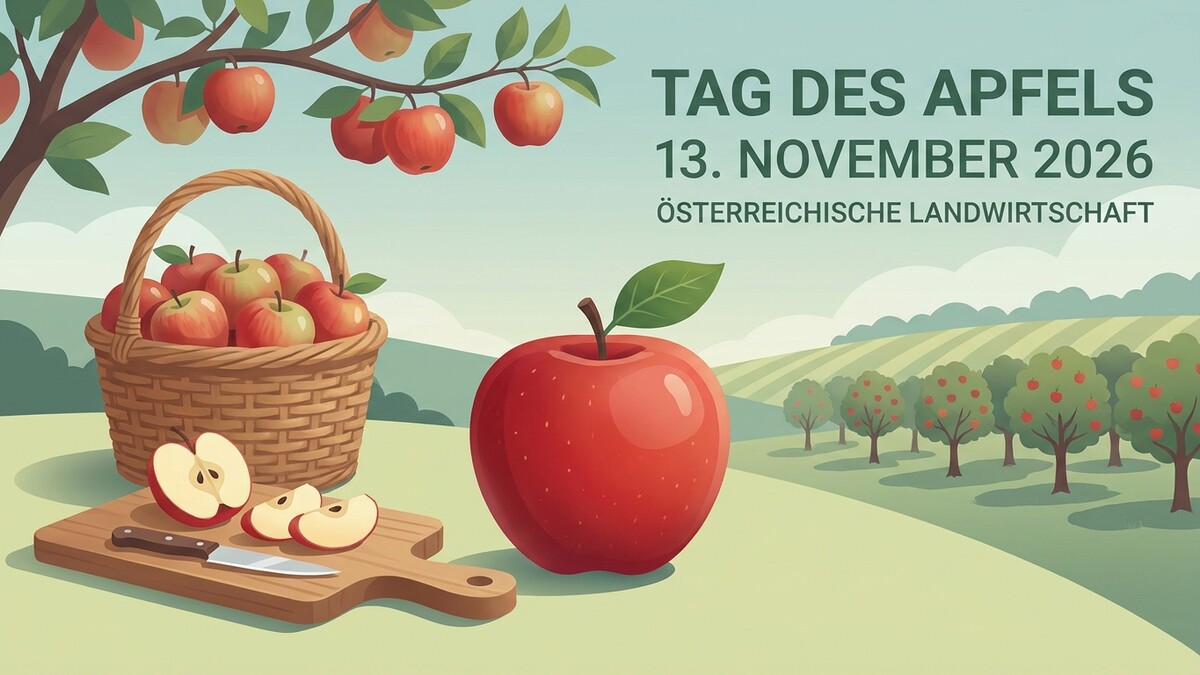 Äpfel im Korb und auf einem Brett mit Messer, Apfelbaum und Obstgarten, Tag des Apfels 13. November 2026