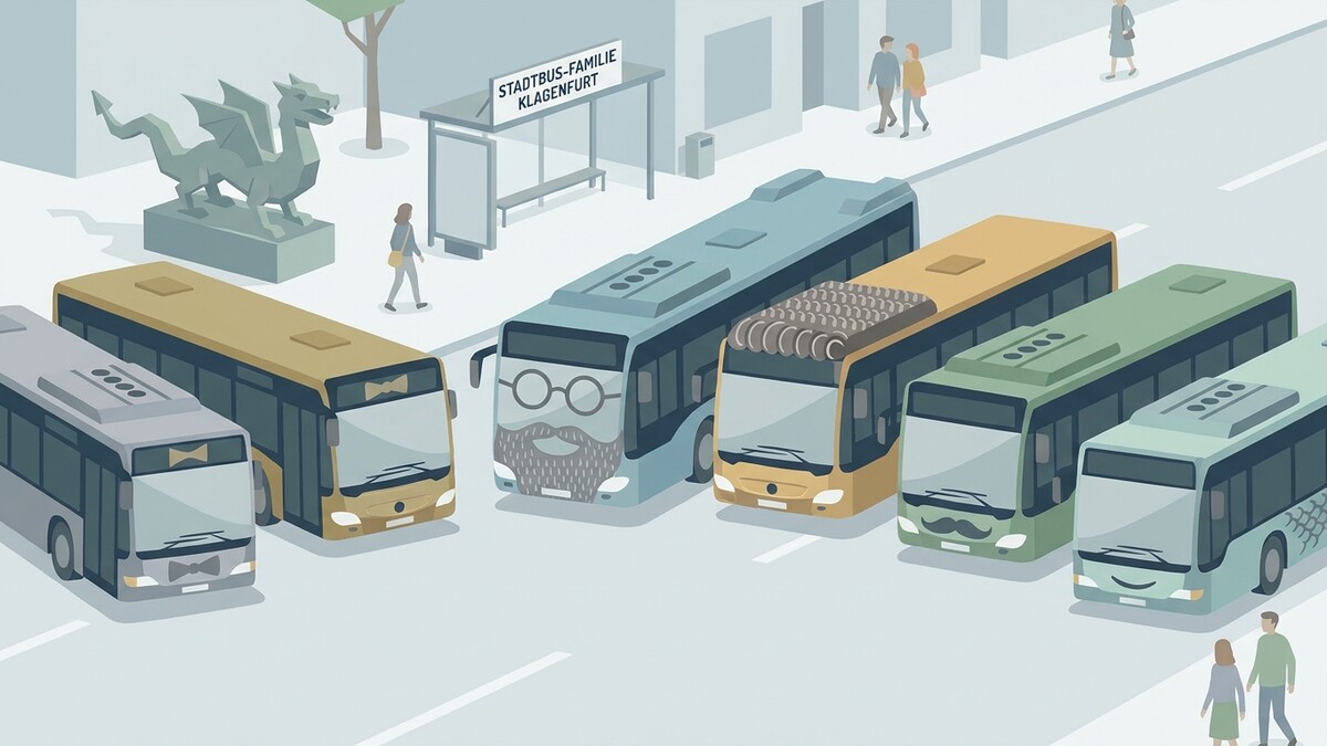 Stadtbus-Familie Klagenfurt: Mehrere bunte Stadtbusse mit Gesichtern stehen an einer Bushaltestelle.