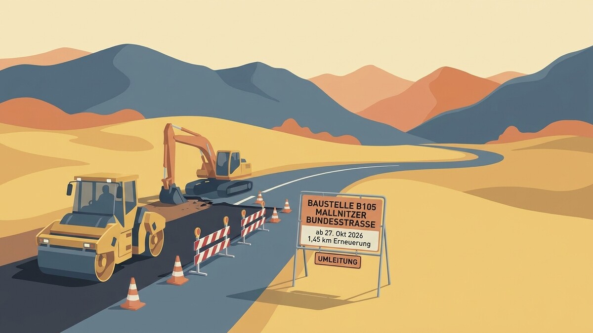 Baustelle B105 Mallnitzer Bundesstraße mit Baumaschinen und Umleitungsschild in bergiger Landschaft.