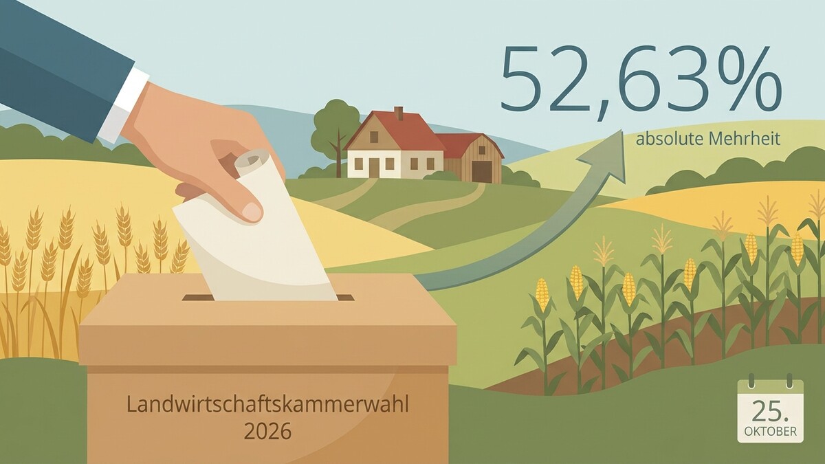 Landwirtschaftskammerwahl 2026: Wahlurne mit Stimmzettel vor Bauernhof und Feldern.