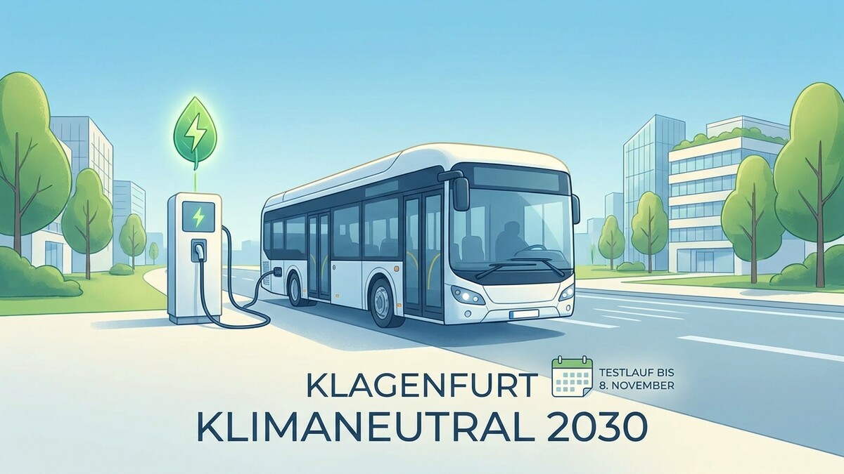 Klagenfurt: Elektrobus lädt an Ladestation, klimaneutral 2030, Testlauf bis 8. November