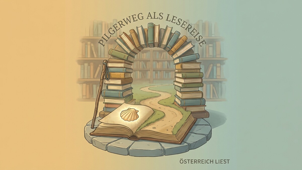 Pilgerweg als Lesereise: Ein Tor aus Büchern mit Jakobsmuschel auf offenem Buch