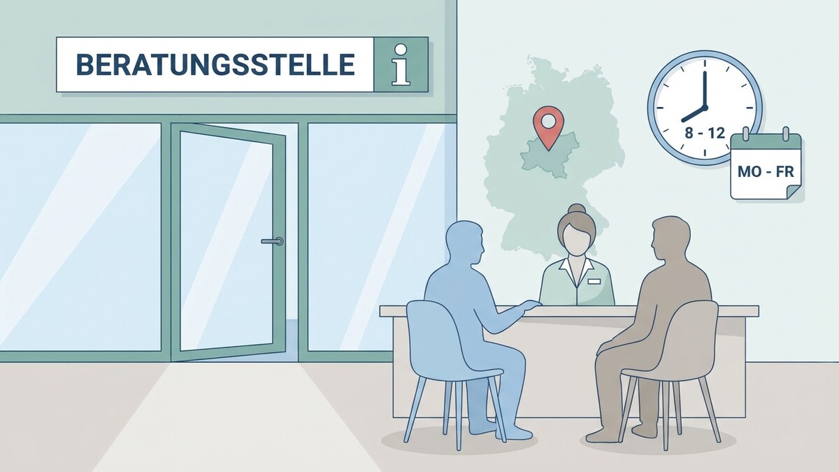 Beratungsstelle in Deutschland mit zwei Klienten und einer Beraterin am Schalter