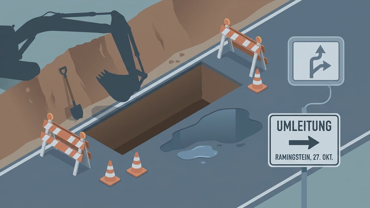 Baustelle mit Bagger, Schaufel, Absperrgittern und Umleitungsschild für Ramingstein